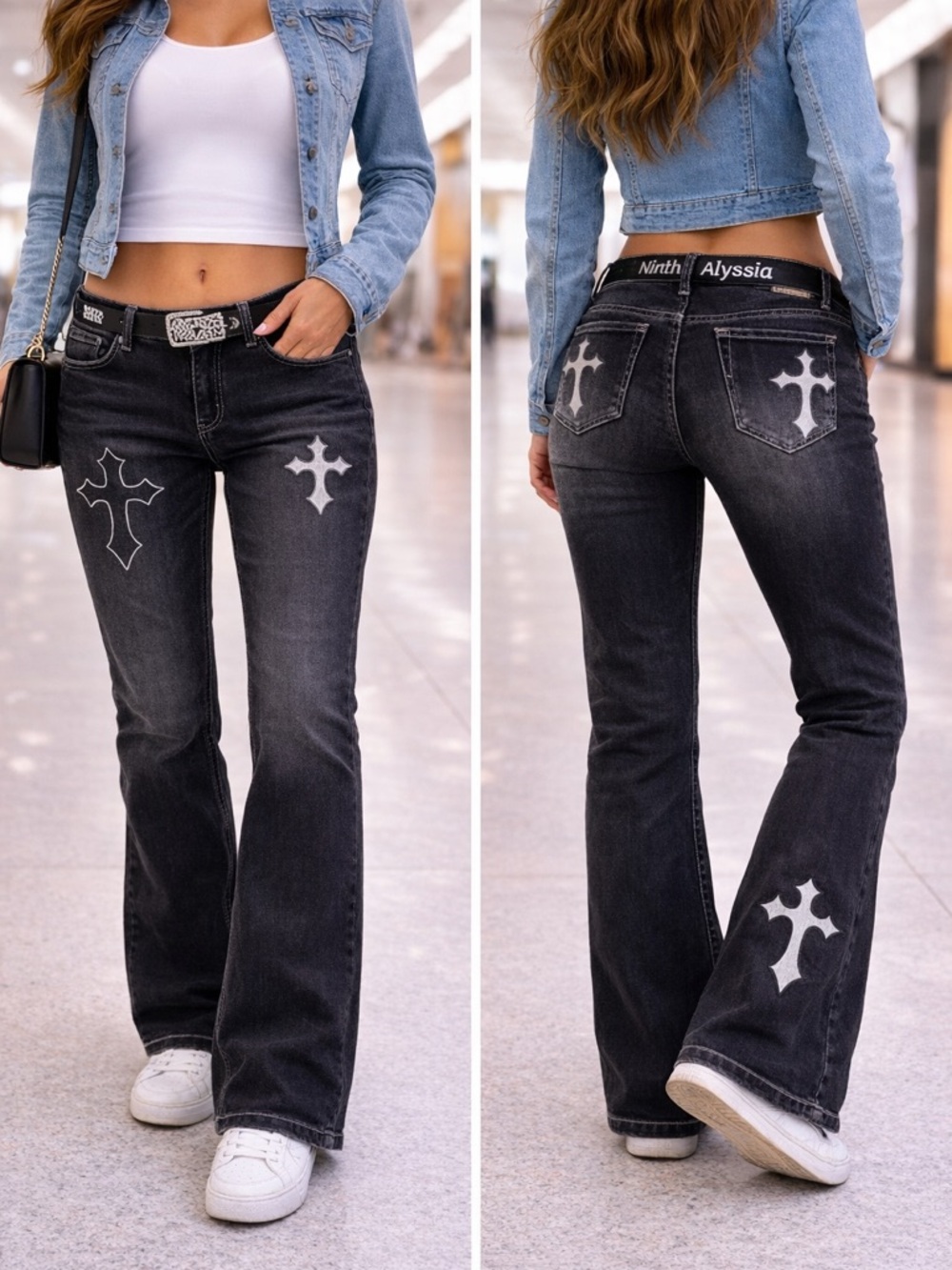 Ninth Hall Alyssia BOHO Cross Black Mid Rise Bootcut Distressed Jeans Size 10